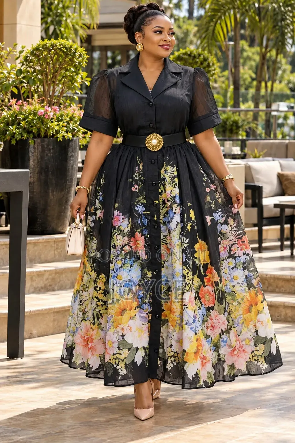 Flowered Open Buttons Dress