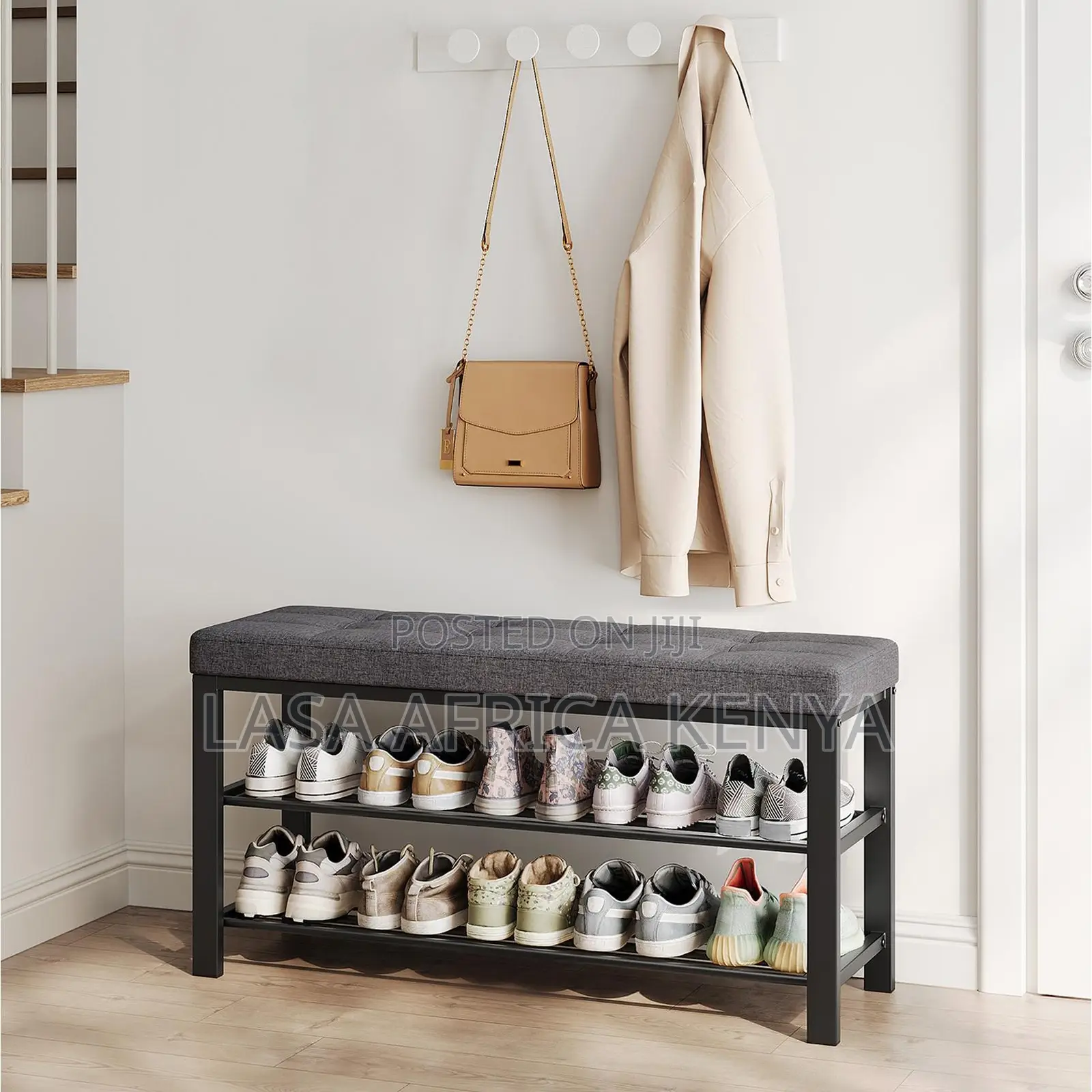 Padded Shoe Storage Bench - Dark Grey and Black