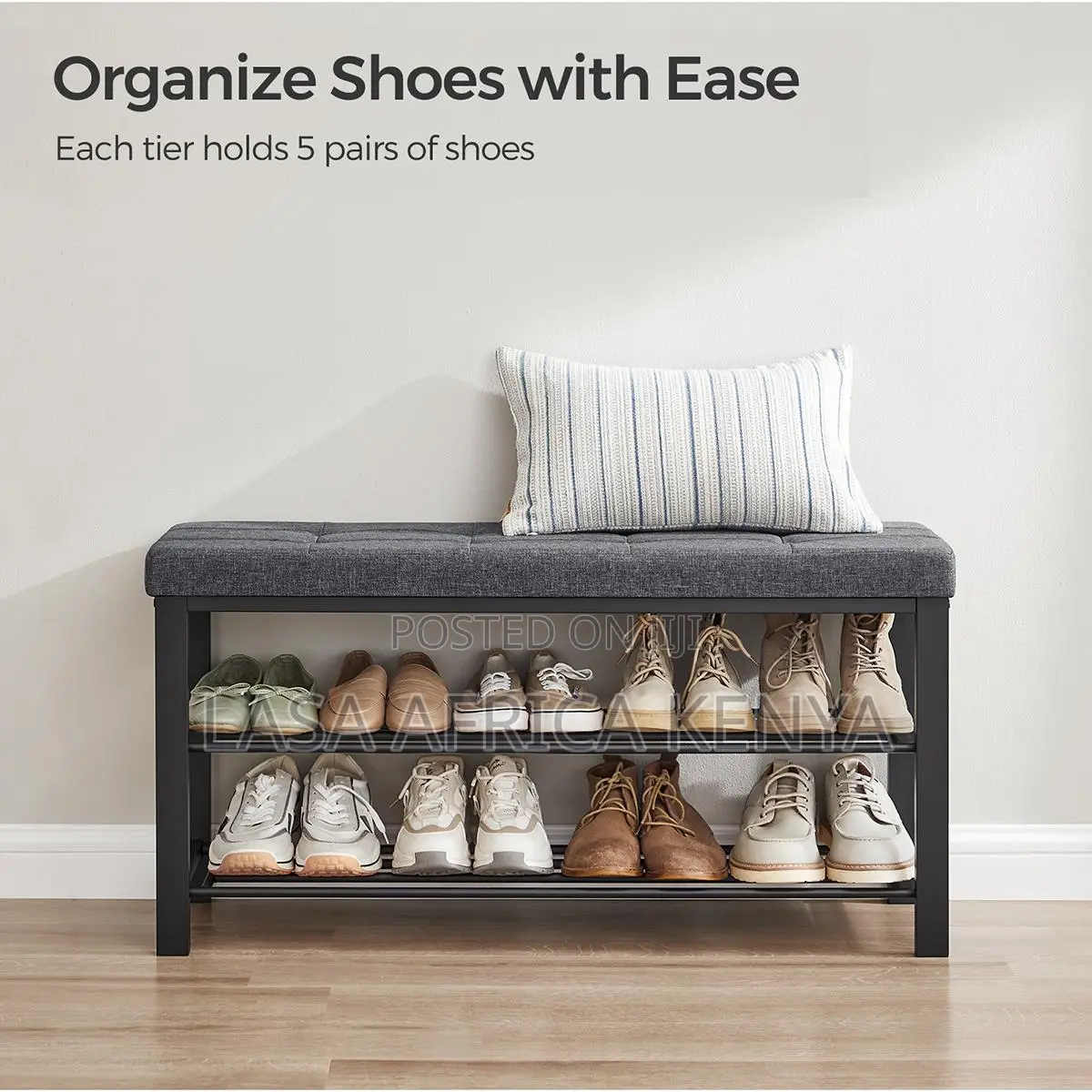 Padded Shoe Storage Bench - Dark Grey and Black