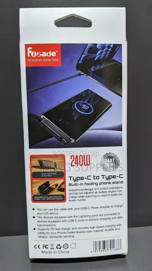 Braided Nylon Type-C Cable With Built-in Folding Phone Stand