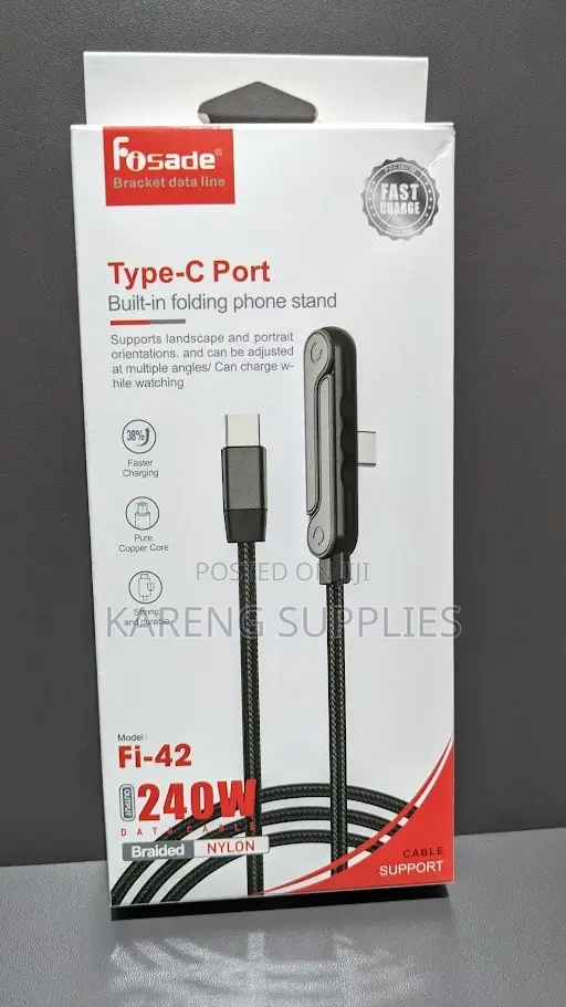 Braided Nylon Type-C Cable With Built-in Folding Phone Stand