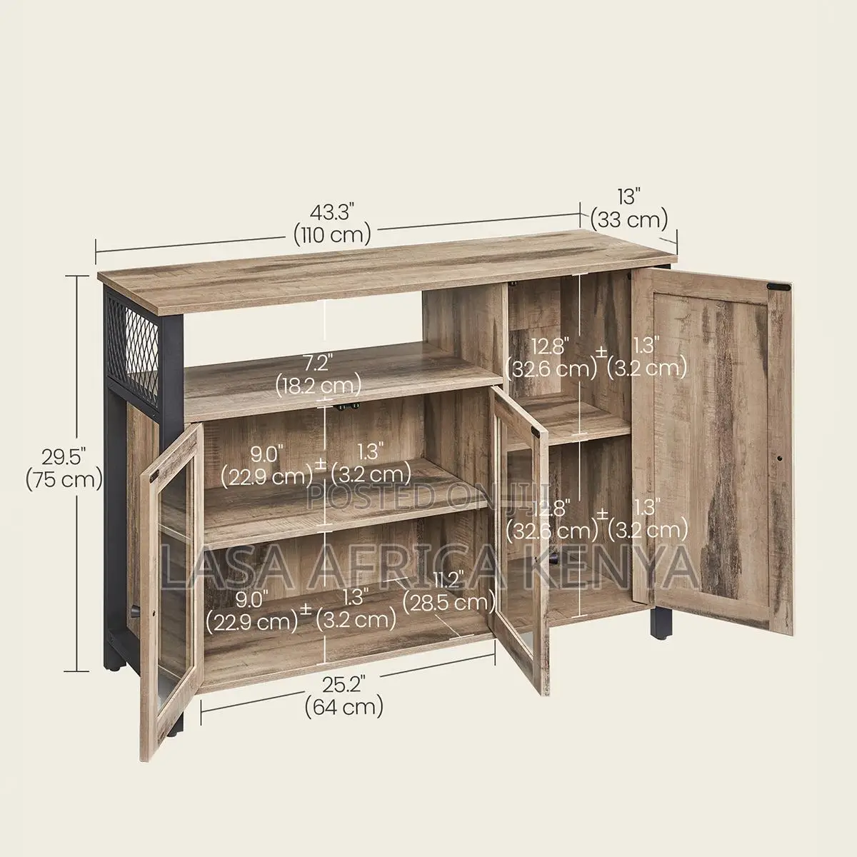 3-Door Sideboard With Open Shelf - Light Wood and Black