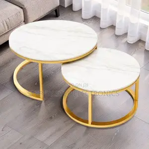 Fashionable Look Marble Nesting Coffee Table Set With Gold Metal Frame