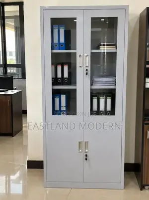 Metal Office Filing Cabinet With Glass Doors – Lockable Cupboard