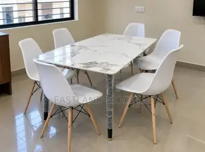 6 Seater Marble Dining Table Set With White Eames Chairs
