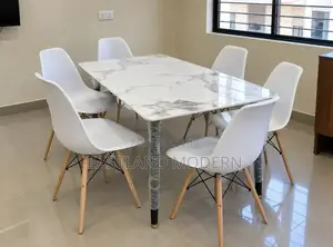 6 Seater Marble Dining Table Set With White Eames Chairs