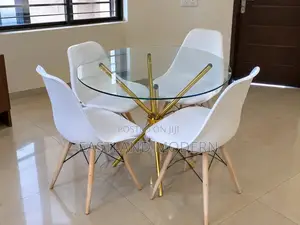 4 Seater Round Glass Dining Table Set With White Eames Chairs