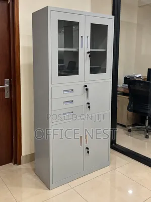 Metal Office Filing Cabinet With Glass Doors and Drawers