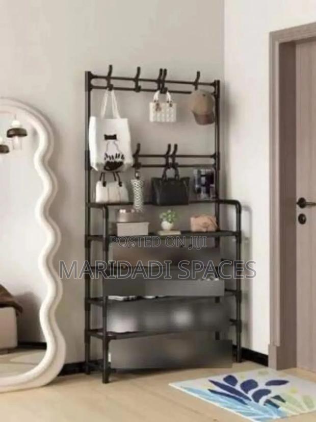 4 Tier Multifunctional Shoe Rack With Coat Hooks-Space Entryway Org - main view