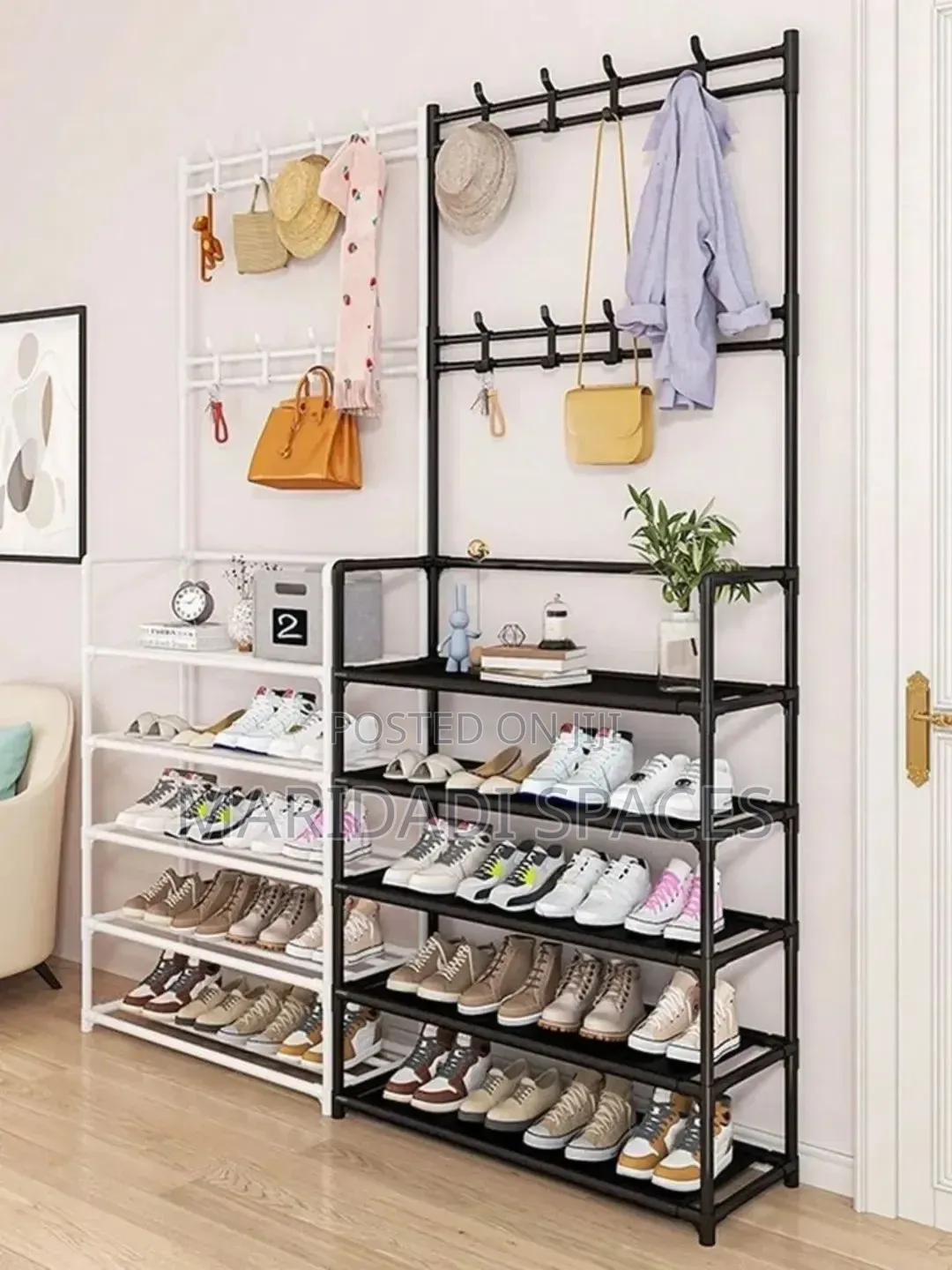 4 Tier Multifunctional Shoe Rack With Coat Hooks-Space Entryway Org