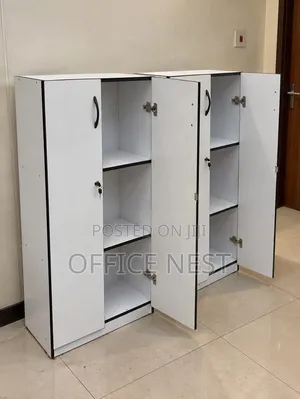 White Wooden Office Storage Cabinet With Lockable Doors