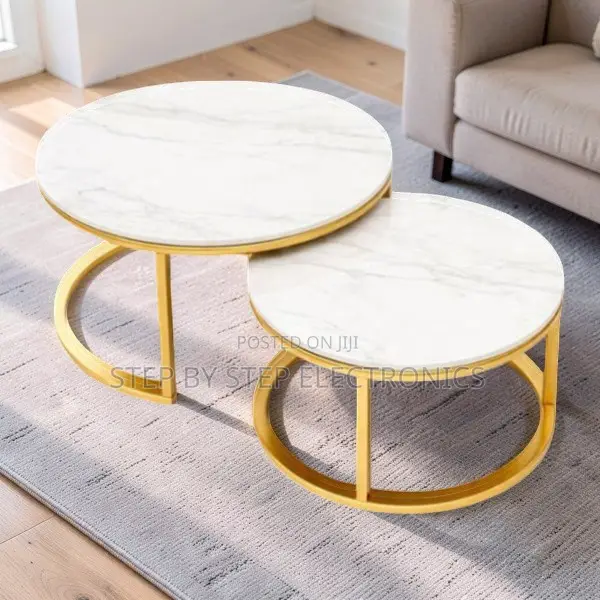 Compact Storage Marble Nesting Coffee Table Set With Gold Metal Frame