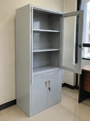 Grey Metallic Office Cabinet With Glass Door
