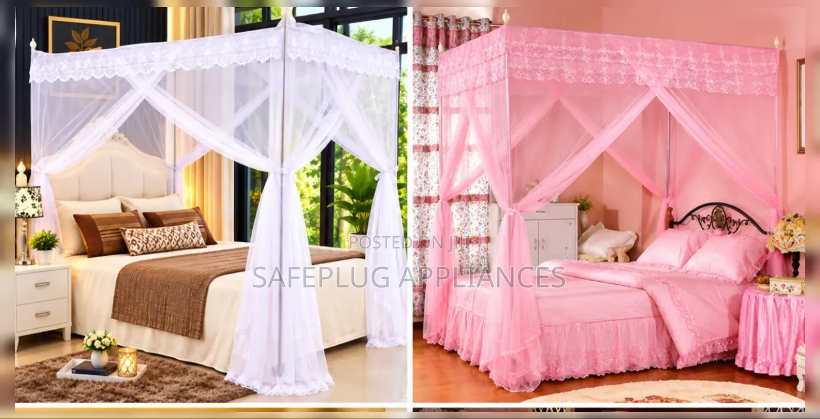 Beautiful 4-Post Mosquito Nets With Lace Design in Multiple Colours