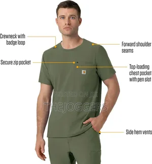 Carhartt Olive Men's Crew Neck Scrub Top Flexible & Durable Fabric