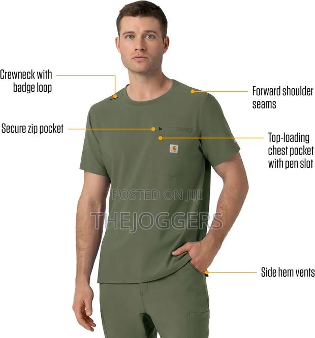 Carhartt Olive Men's Crew Neck Scrub Top Flexible & Durable Fabric