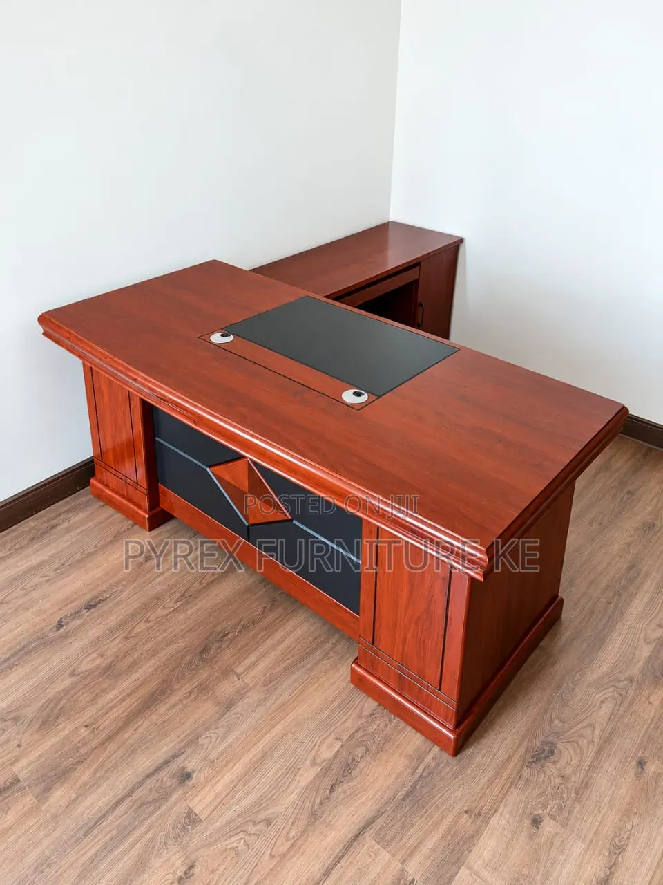 Mahogany L-Shaped Executive Office Desk With Side Cabinet