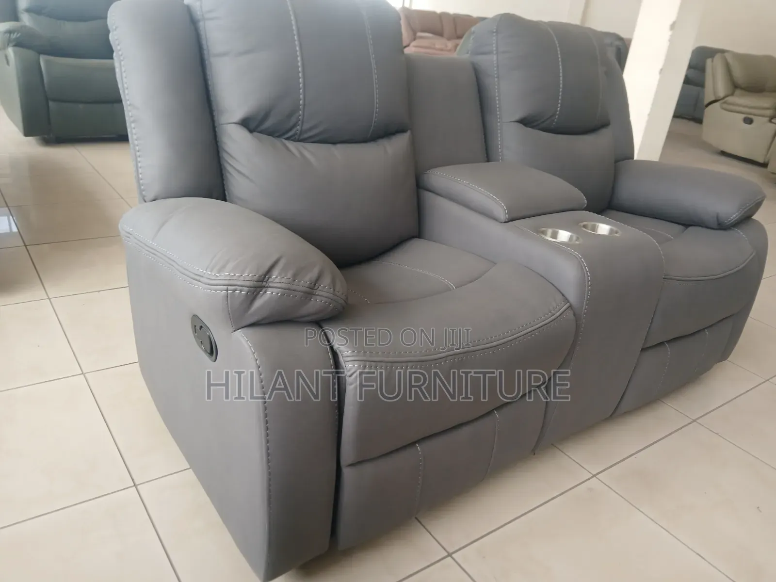 Standard-Size 2-Seater Grey Fabric Recliner Sofa With Cup Holders