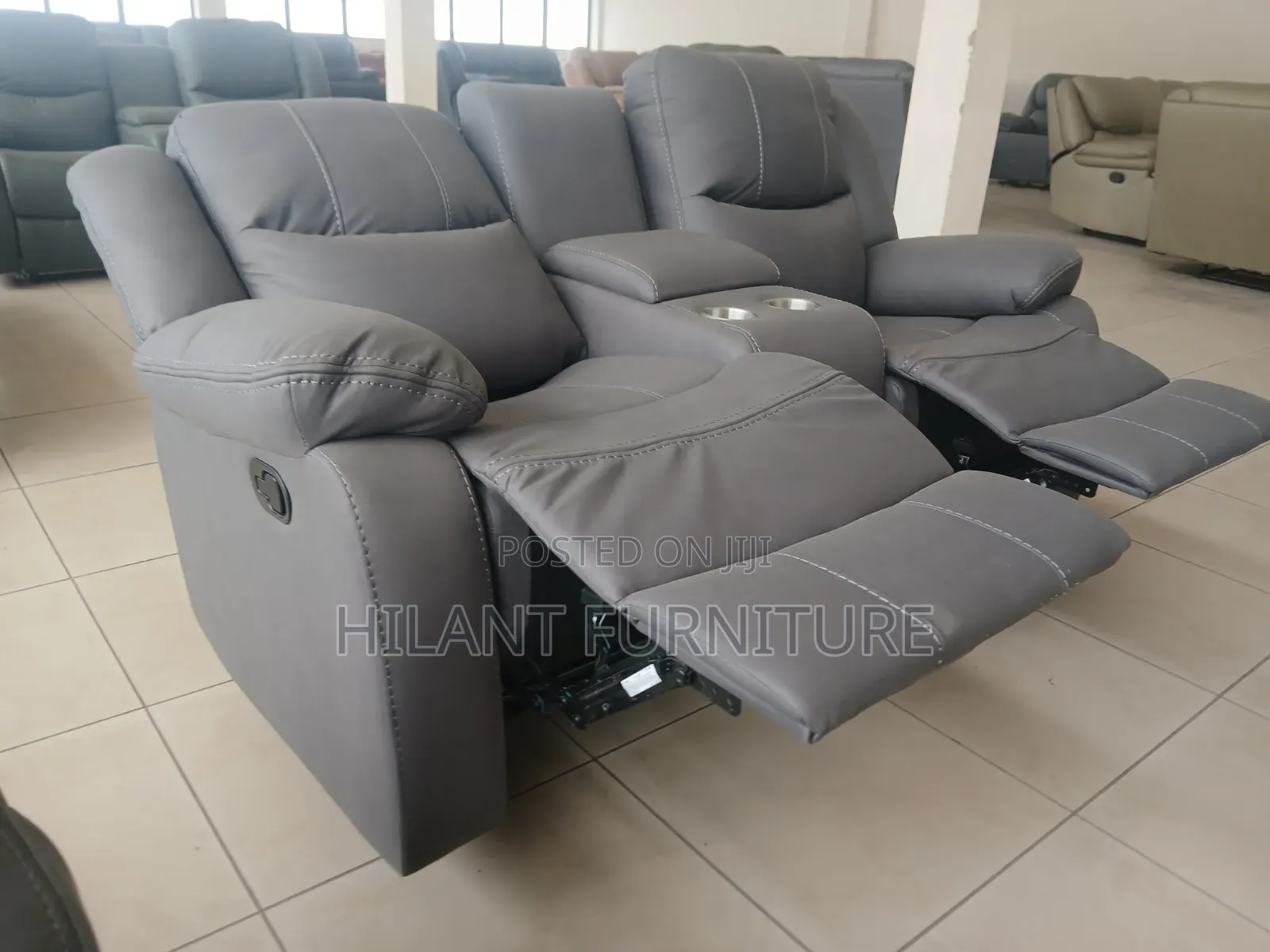 Standard-Size 2-Seater Grey Fabric Recliner Sofa With Cup Holders