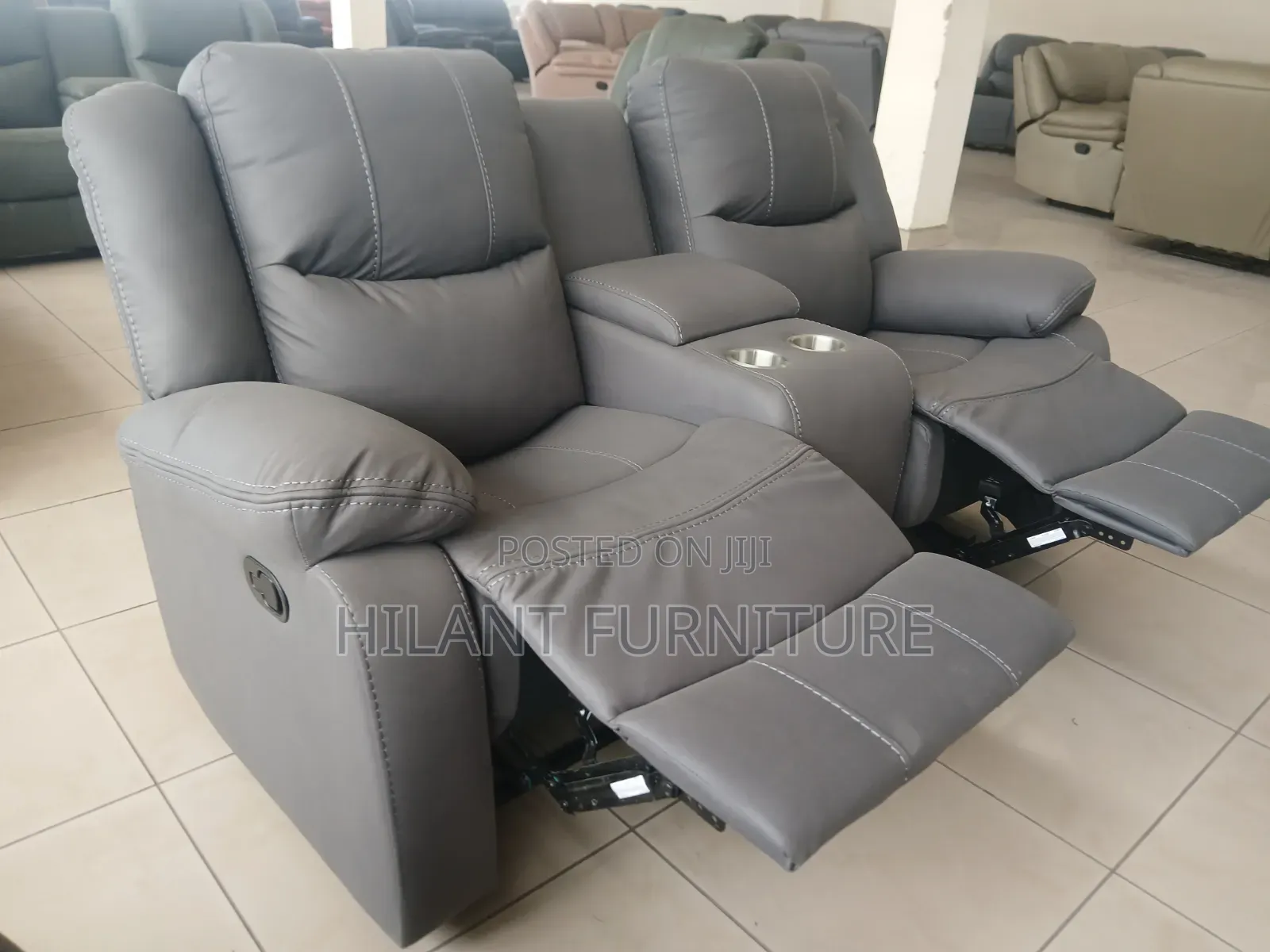 Standard-Size 2-Seater Grey Fabric Recliner Sofa With Cup Holders