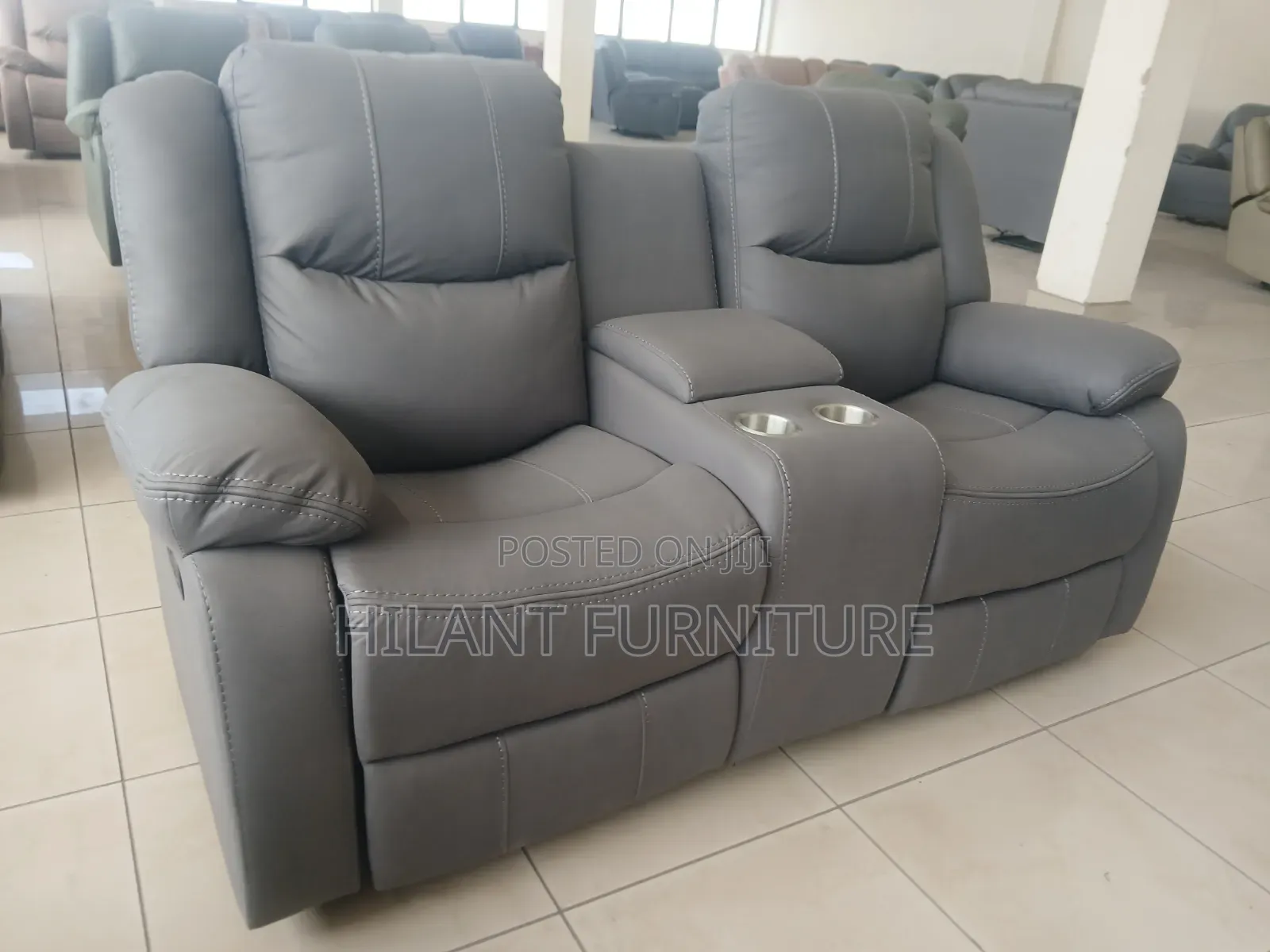 Standard-Size 2-Seater Grey Fabric Recliner Sofa With Cup Holders
