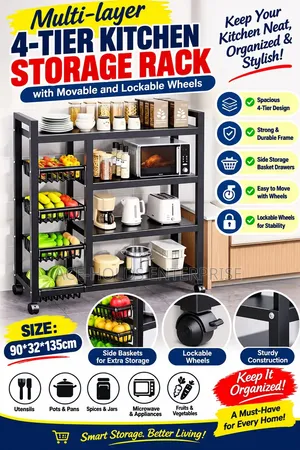 Multi-Layer 4-Tier Kitchen Storage Rack - Movable Locking Wheels