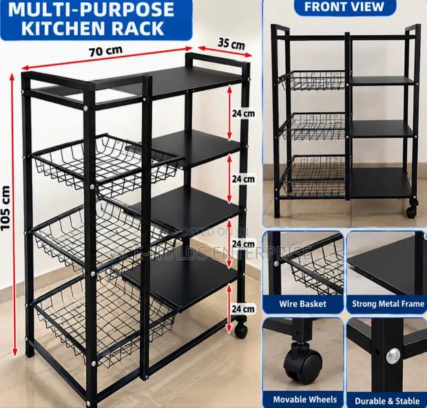 Multi-Layer 4-Tier Kitchen Storage Rack - Movable Locking Wheels - thumbnail 3