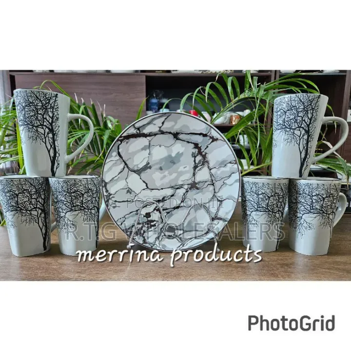 12 Pieces Set High Quality Tree 6 Mug Gray and Gray 6 Plate