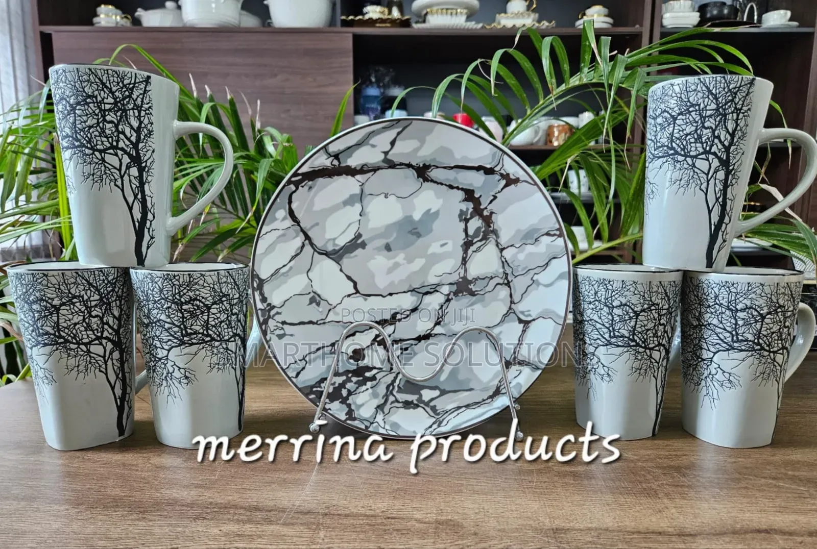 12 Pieces Set High Quality Tree 6 Mug Gray and Gray 6 Plate