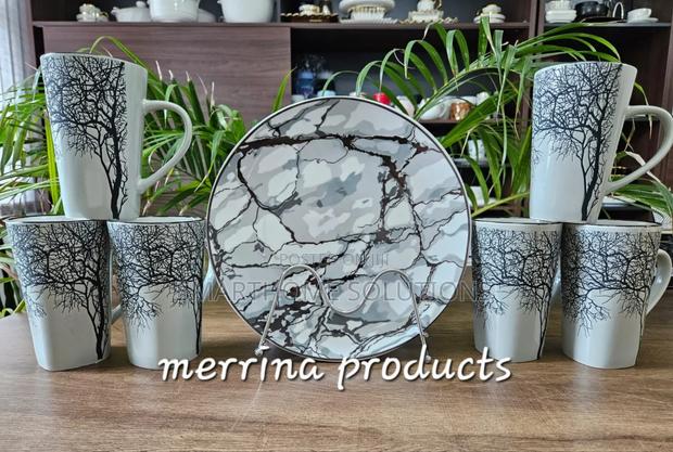 12 Pieces Set High Quality Tree 6 Mug Gray and Gray 6 Plate