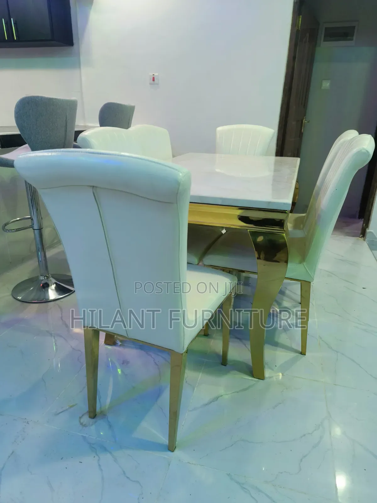 Luxury 6-Seater White Marble Top Dining Table Set With Gold Stand