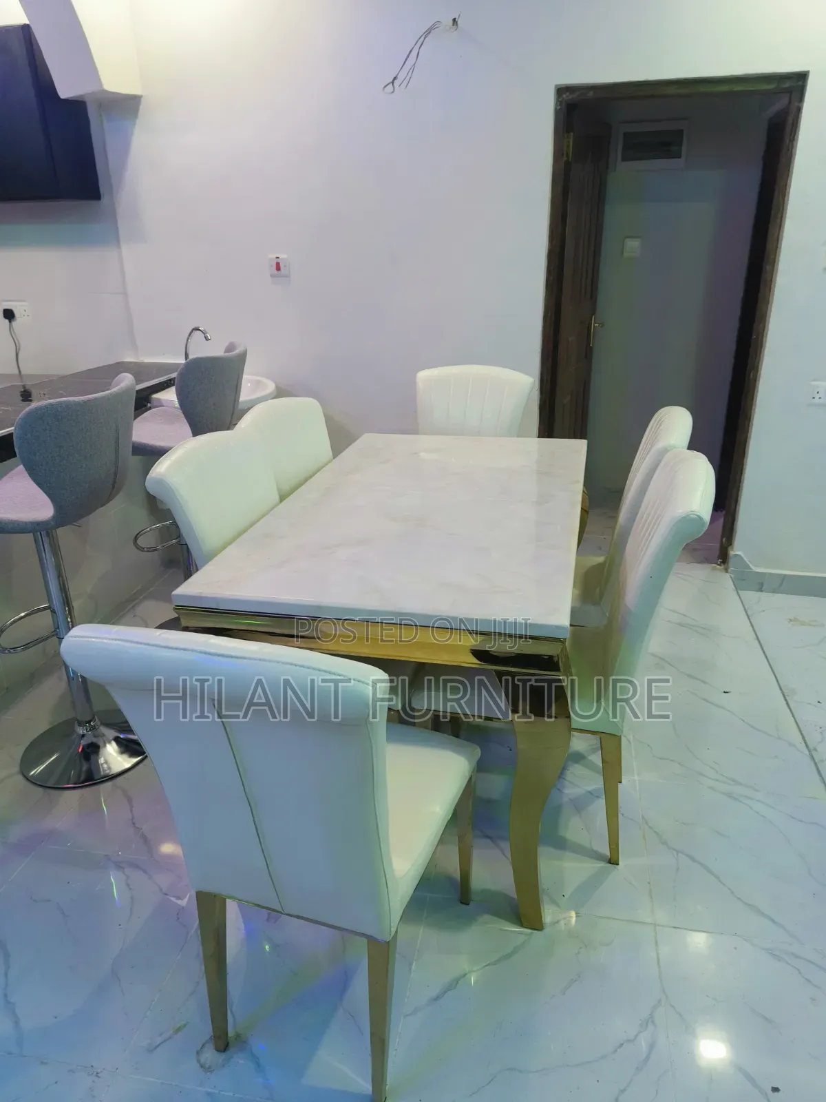 Luxury 6-Seater White Marble Top Dining Table Set With Gold Stand