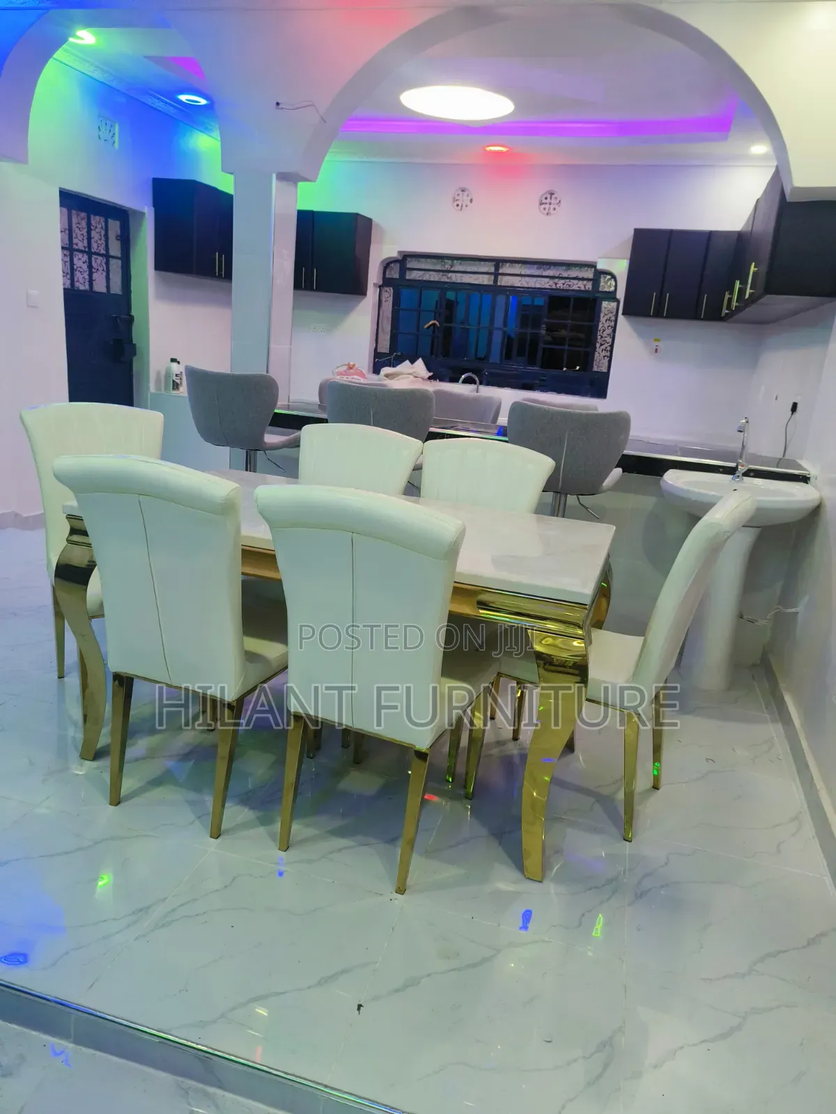 Luxury 6-Seater White Marble Top Dining Table Set With Gold Stand