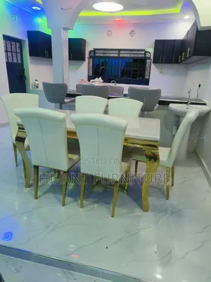 Luxury 6-Seater White Marble Top Dining Table Set With Gold Stand