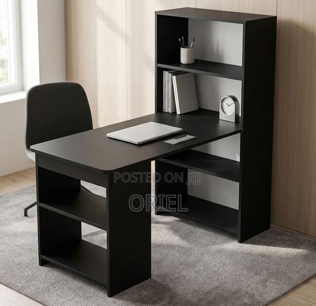 Black Study Table With Shelves – Space-Saving Home Office Desk - main view