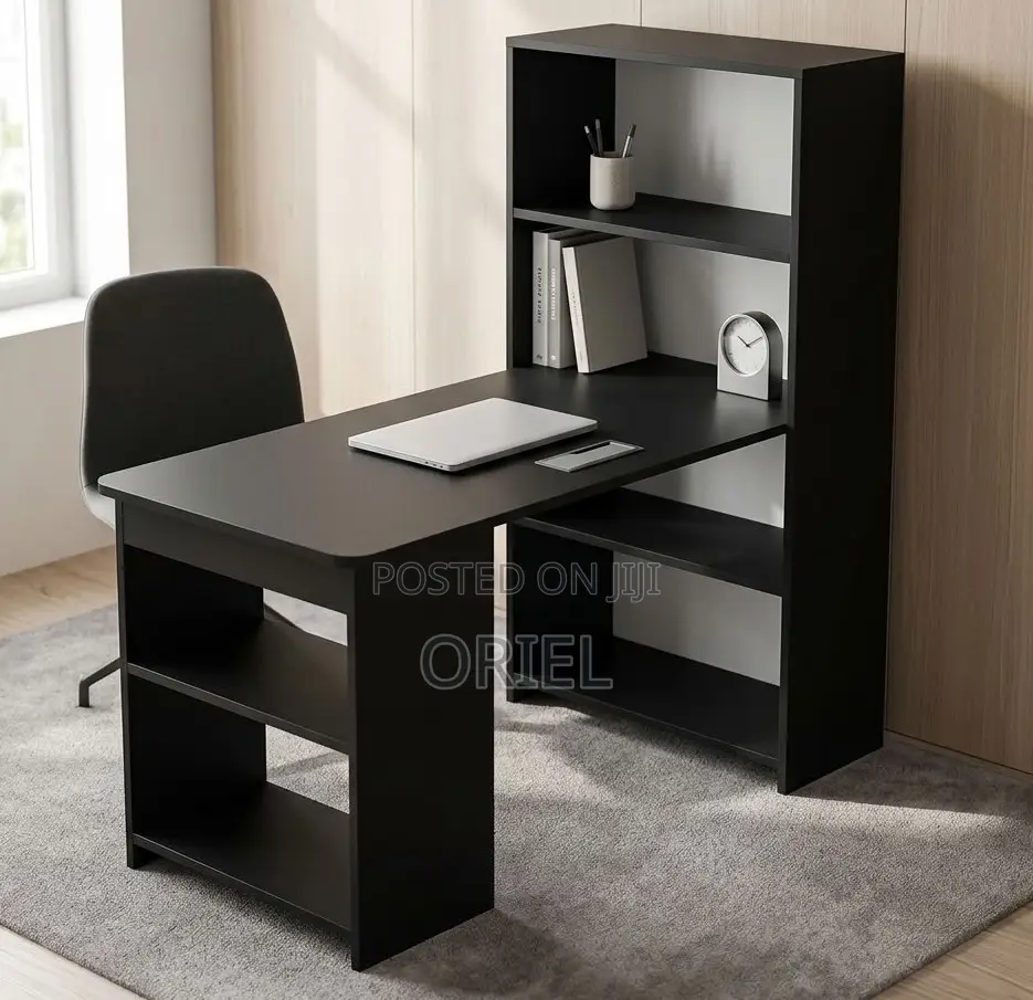 Black Study Table With Shelves – Space-Saving Home Office Desk
