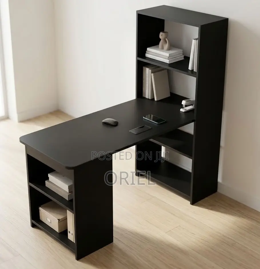Black Study Table With Shelves – Space-Saving Home Office Desk