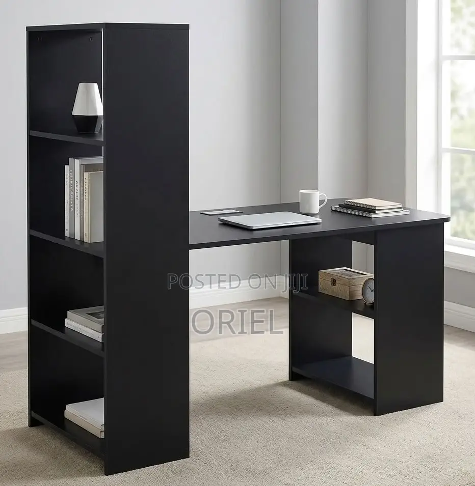 Black Study Table With Shelves – Space-Saving Home Office Desk