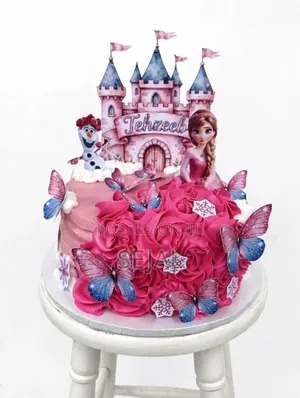 Pink Elsa Frozen Birthday Cake With Rose Dress & Castle