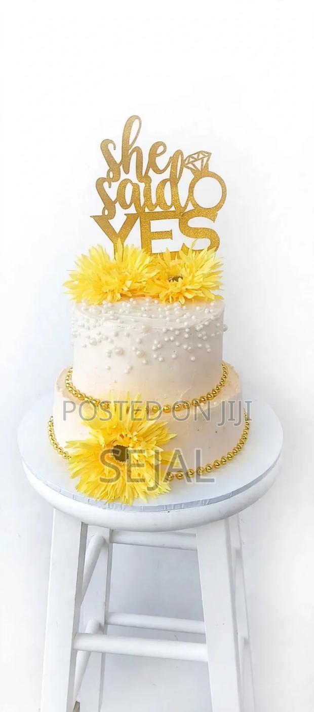 2 Tier She Said Yes Engagement Cake With Gold Details