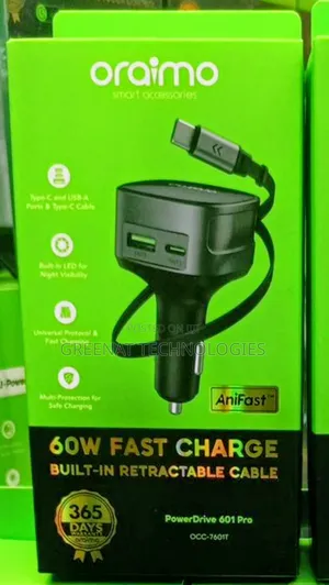Oraimo PowerDrive 601 60W Fast Charge Car Charger Builtin Retractable