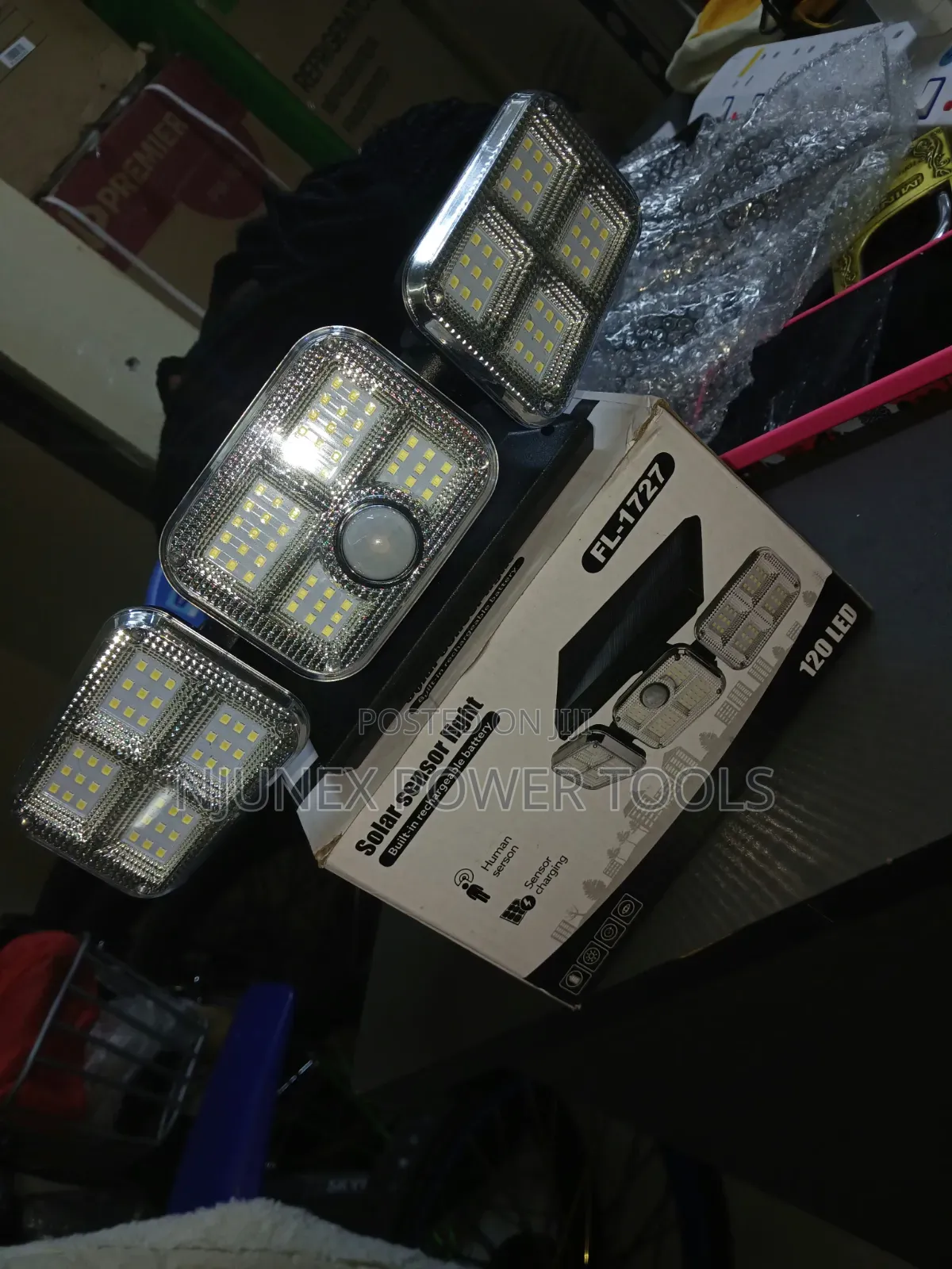 120 LED 3-Head Solar Motion Sensor Light (Model FL-1727).