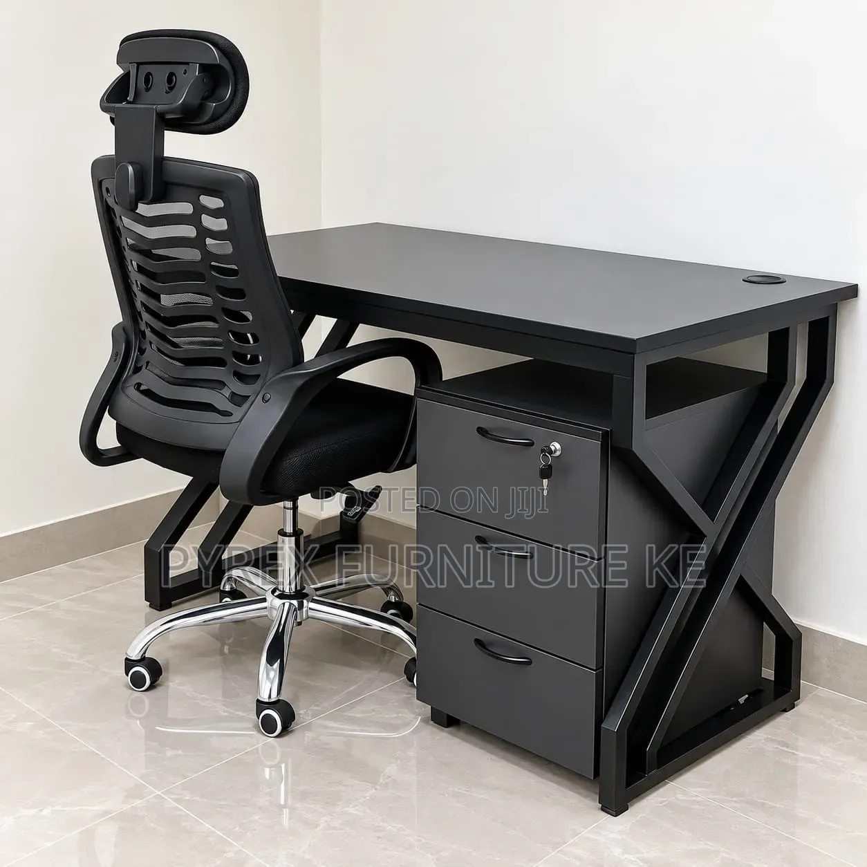Black X-Frame Office Desk With 3 Drawers