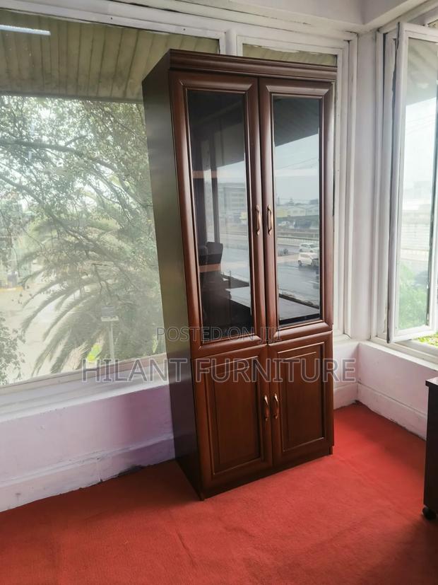 4-Door Wooden Display Cabinet With Glass Doors – Mahogany Finish