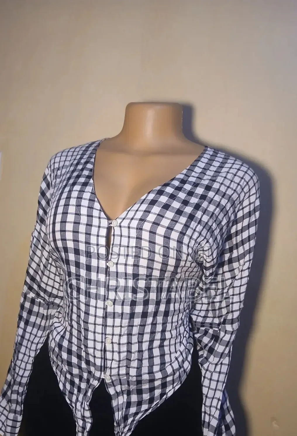 Black and White Plaid Long Sleeve Blouse