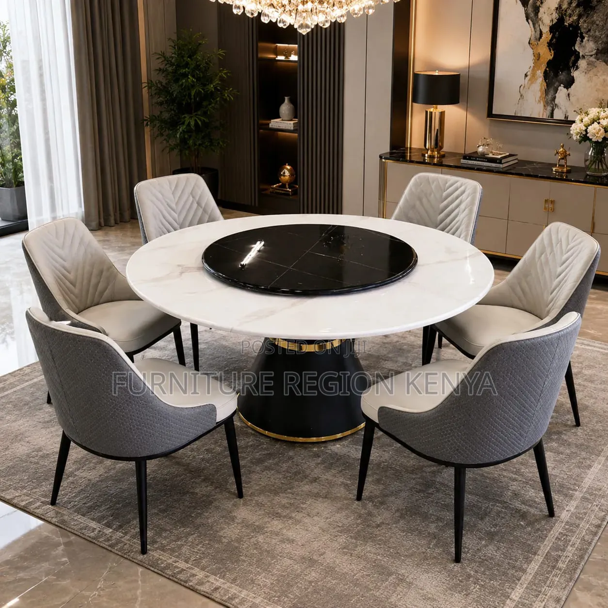 Gray Round Marble Top Dining Table Set