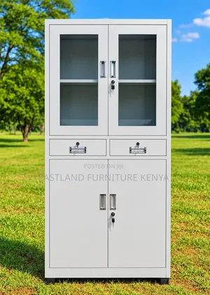 Modern Steel Office Cabinet With Glass Doors and Lockable Storage