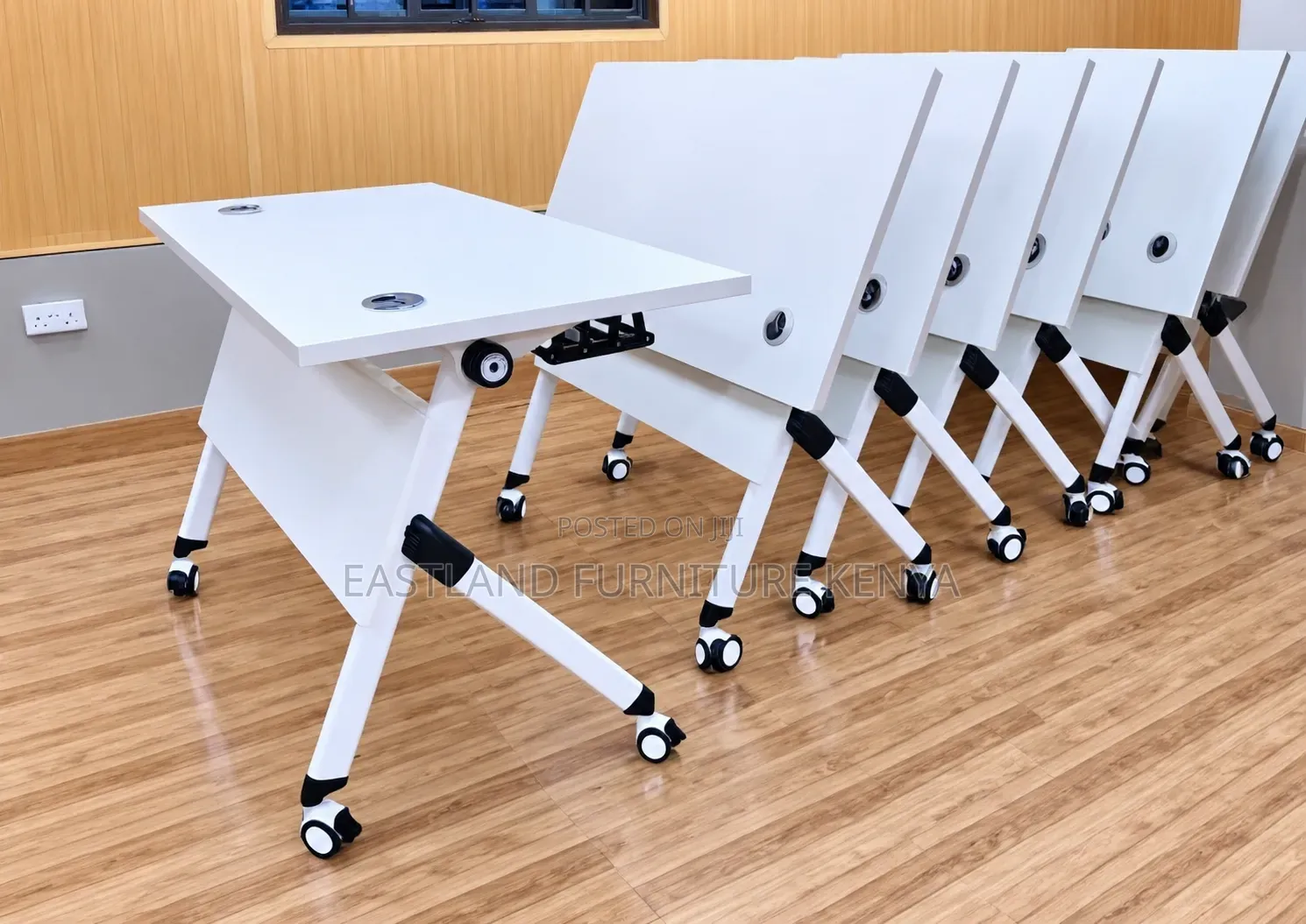 Modern White Training Table With Folding Legs and Lockable Wheels