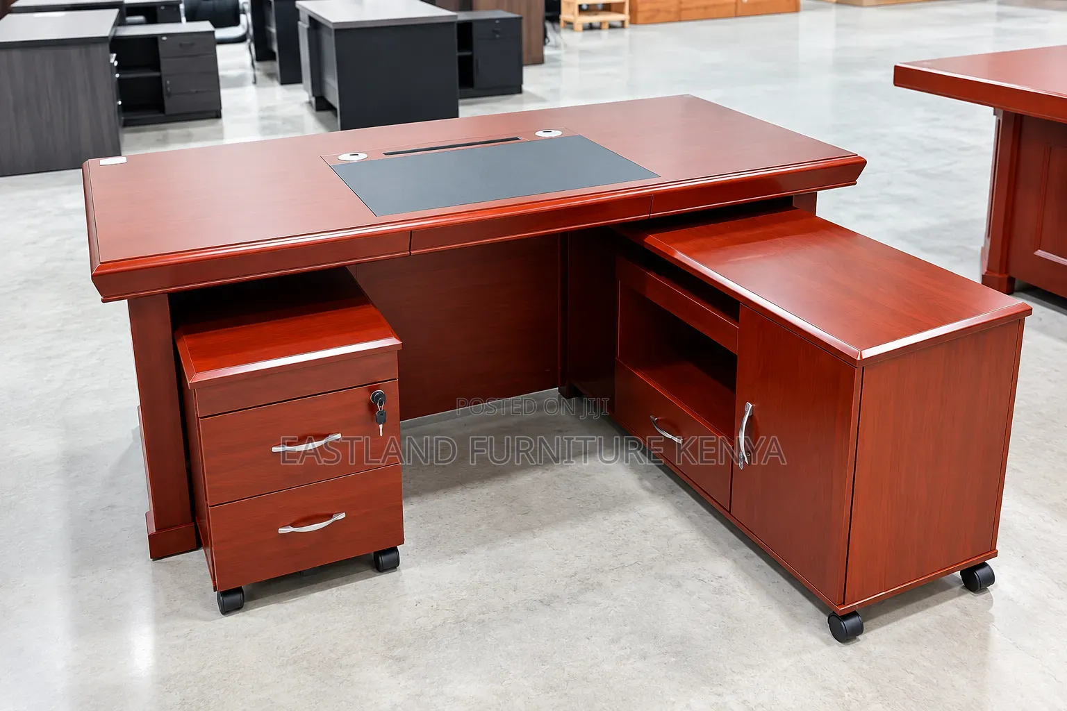 Executive L Shaped Office Desk With Mahogany Finish and Storage Drawer