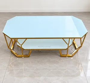 Luxury White Glass Coffee Table With Gold Metal Frame and Lower Shelf
